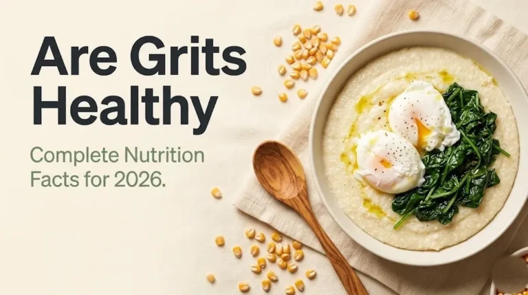Are grits healthy guide showing stone-ground grits bowl with poached eggs and spinach on cream background with corn kernels