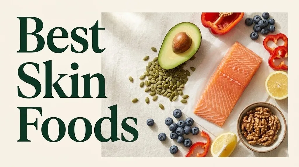 Best skin foods flat lay salmon, avocado, blueberries, pumpkin seeds, and bell pepper on cream background