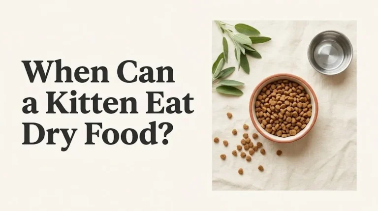 Bowl of dry kitten kibble with text When Can a Kitten Eat Dry Food shown in flat-lay editorial style banner.