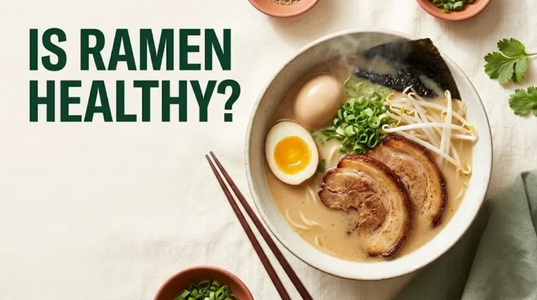 Bowl of ramen with egg and chashu pork with headline text Is Ramen Healthy on cream background