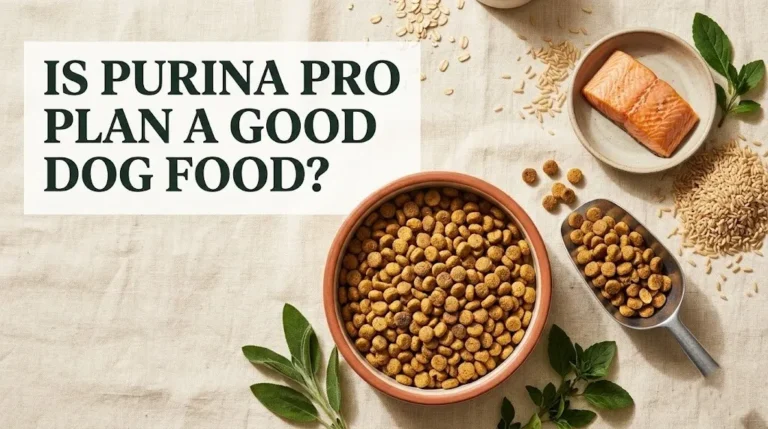 Ceramic dog bowl with dry kibble beside salmon and grains, with Is Purina Pro Plan a Good Dog Food text overlay