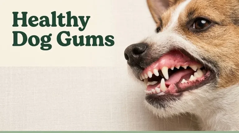 Close-up of healthy dog gums showing bubblegum pink color and clean teeth with text overlay reading Healthy Dog Gums