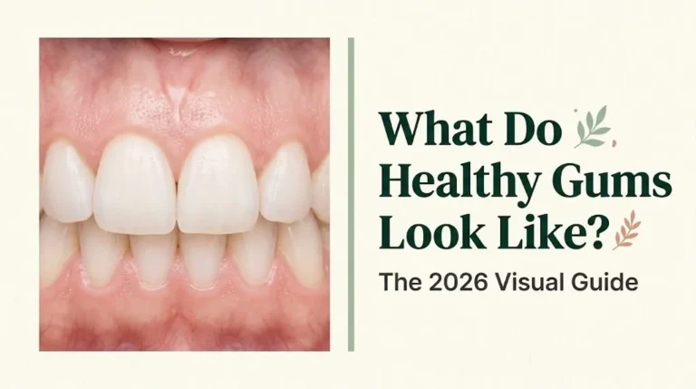 Close-up of healthy pink gum tissue around white teeth with bold text reading what do healthy gums look like