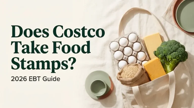 Does Costco take food stamps grocery tote with EBT-eligible bulk staples including eggs, rice, cheese, and broccoli on cream background