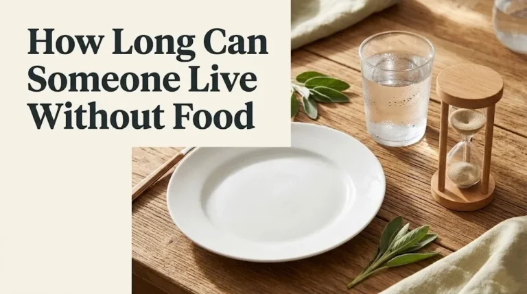 Empty plate and hourglass on a wooden table with the text How Long Can Someone Live Without Food as the article banner image.