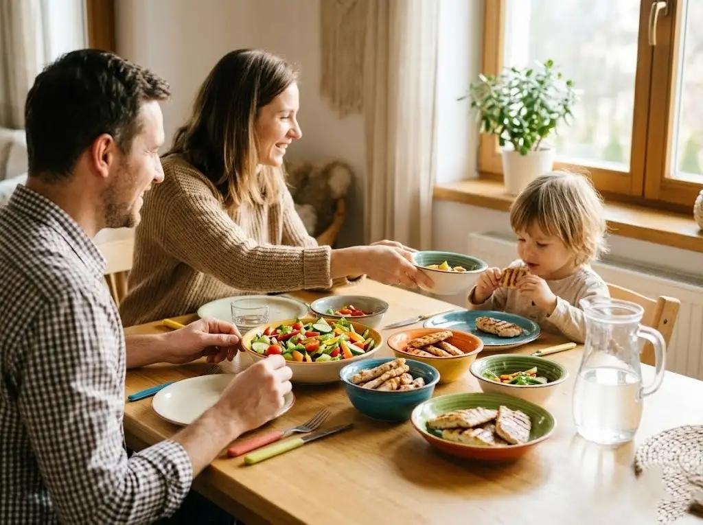Family eating a healthy dinner together at a bright wooden dining table