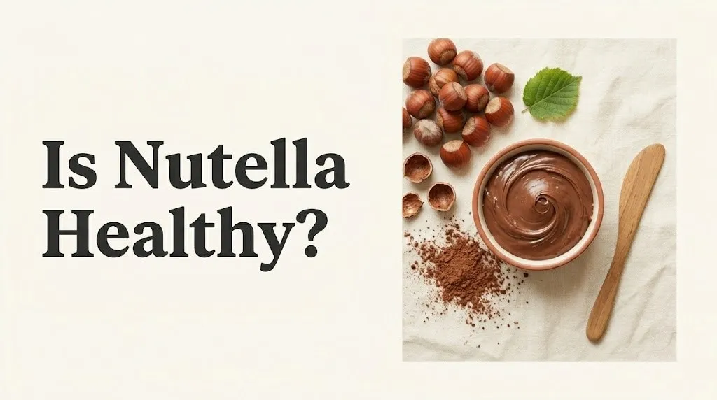 Flat-lay of hazelnut spread and hazelnuts with text Is Nutella Healthy in editorial food photography banner style.