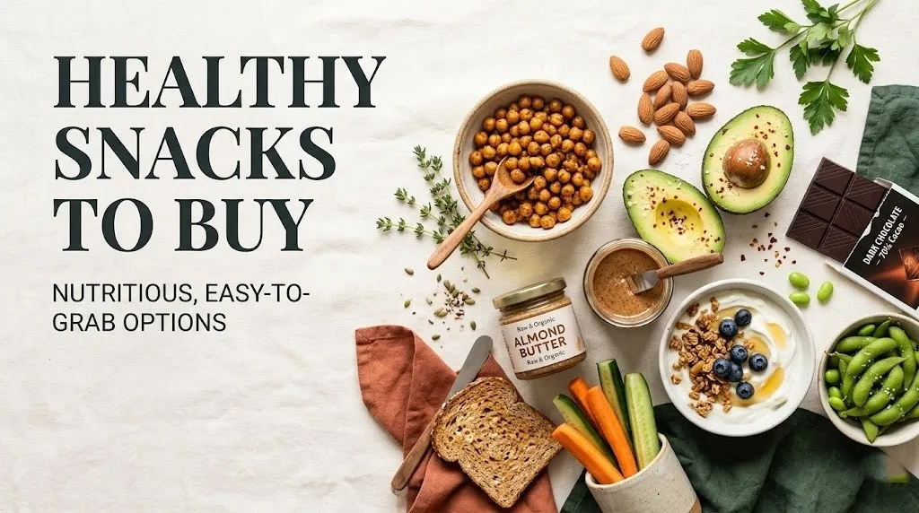 Flat-lay of healthy snacks to buy including almonds, chickpeas, avocado, yogurt, and dark chocolate on cream background.