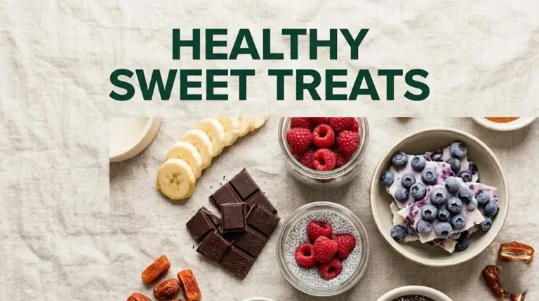 Flat-lay of healthy sweet treats including dark chocolate, chia pudding, banana, and fresh berries on cream background.