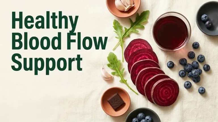 Foods for healthy blood flow support including beetroot, berries, arugula, dark chocolate, and pomegranate on a cream background.