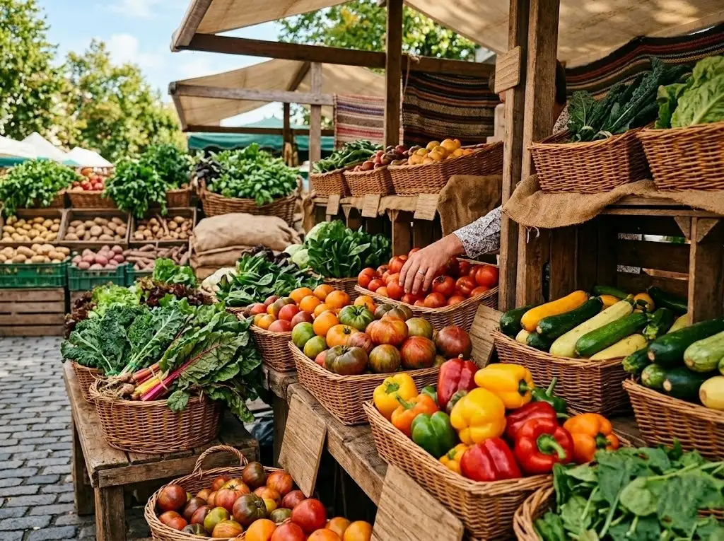 Fresh vegetables and fruits displayed at an outdoor farmers market stall