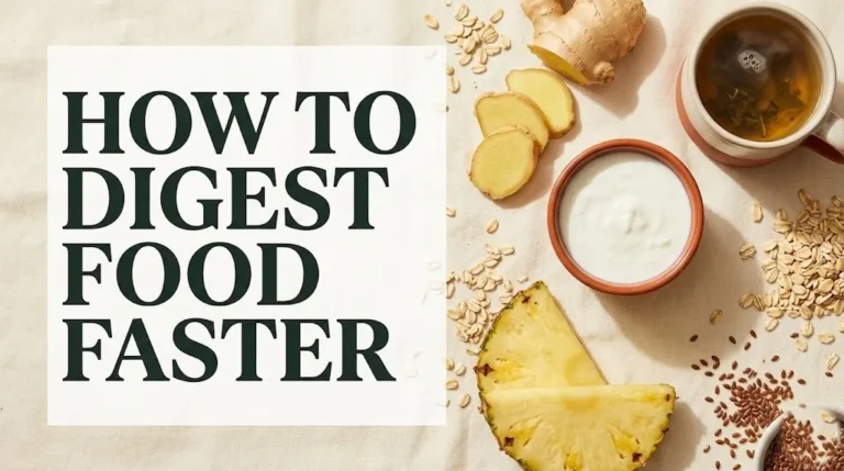 Ginger, kefir, pineapple, and herbal tea flat lay beside How to Digest Food Faster bold text headline