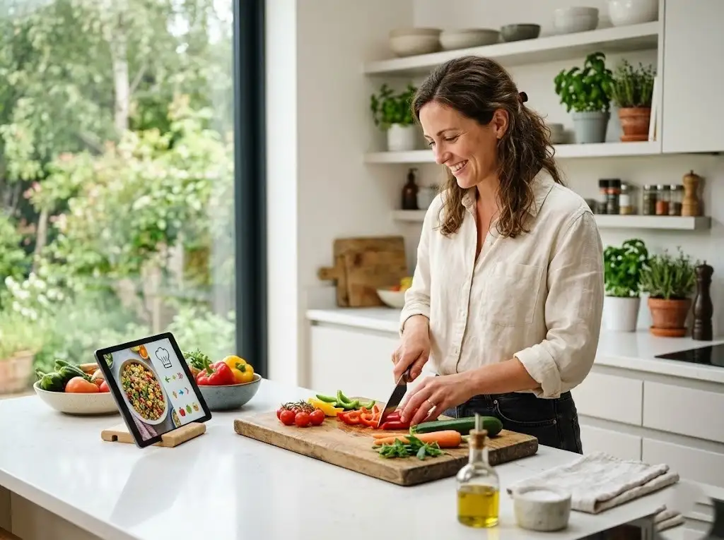 Hands chopping colorful fresh vegetables on a wooden cutting board in a home kitchen