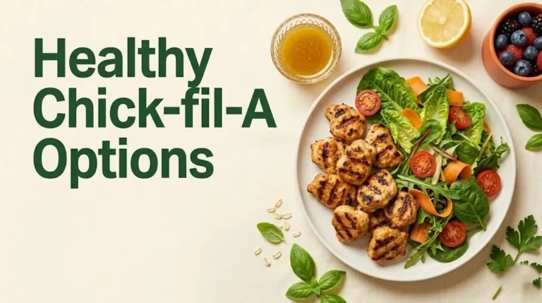 Healthy Chick-fil-A options including grilled chicken nuggets and fresh market salad on a white plate