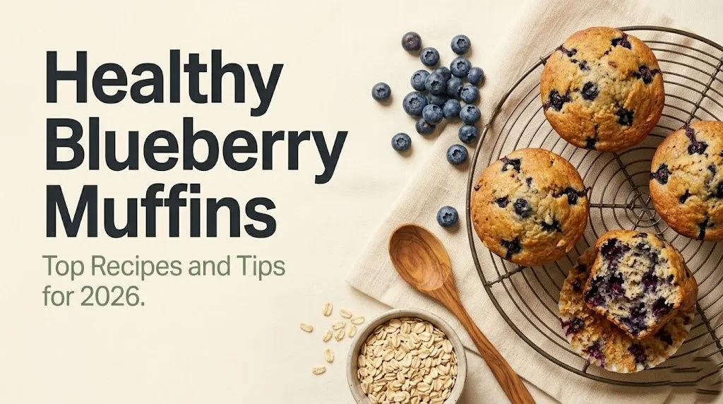 Healthy blueberry muffins on a wire cooling rack with fresh blueberries and oats on a warm cream background