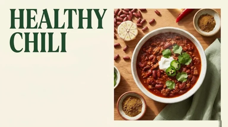 Healthy chili in white bowl with Greek yogurt, jalapeño, and cilantro on wood surface with beans and spices