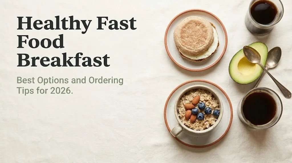 Healthy fast food breakfast guide banner showing egg white muffin, oatmeal, avocado, and black coffee on cream background