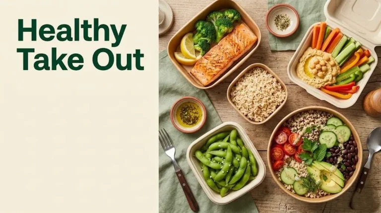 Healthy take out meal containers with grilled salmon, grain bowl, edamame, and hummus on cream background