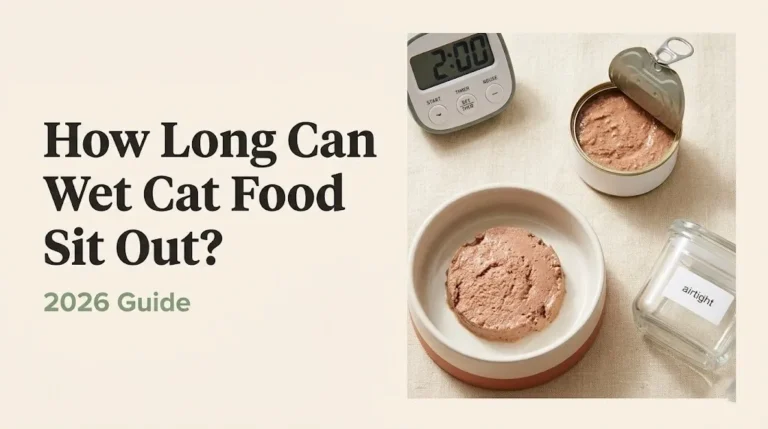 How long can wet cat food sit out opened cat food can, ceramic bowl, and kitchen timer on cream background.