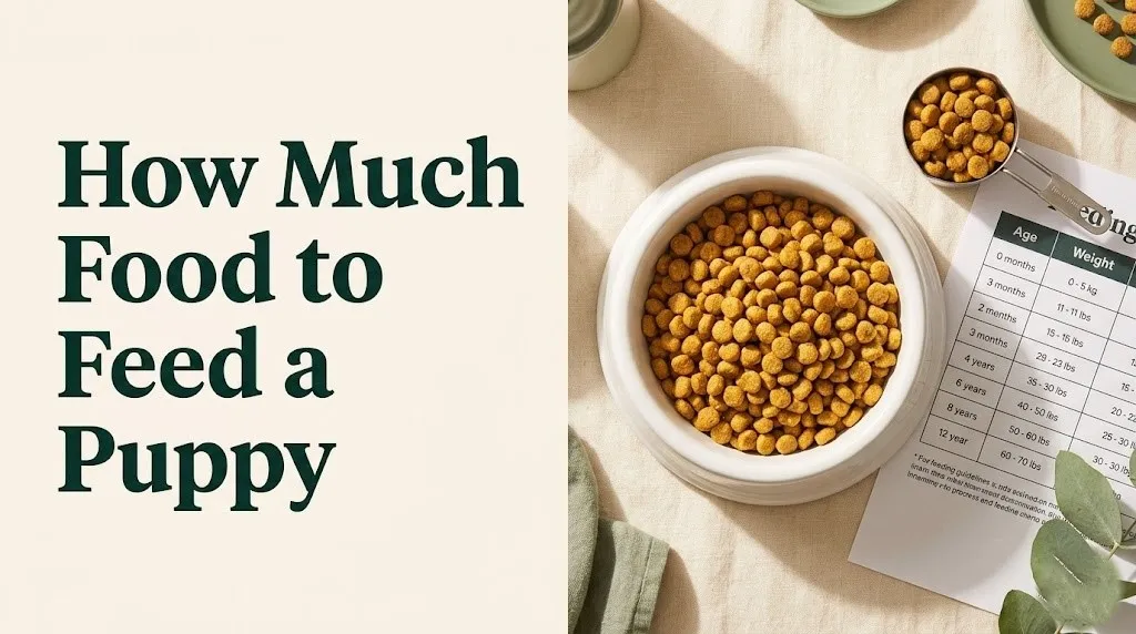 How much food to feed a puppy ceramic bowl of dry kibble with measuring cup and feeding chart on cream background