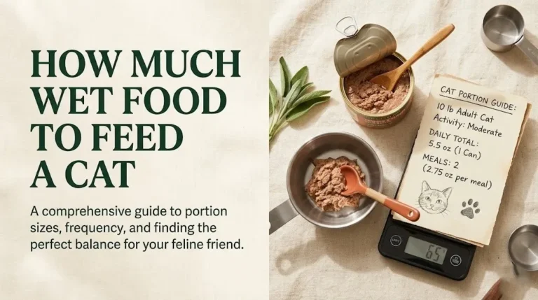 How much wet food to feed a cat overhead flat-lay of canned cat food, measuring bowl, and digital kitchen scale.