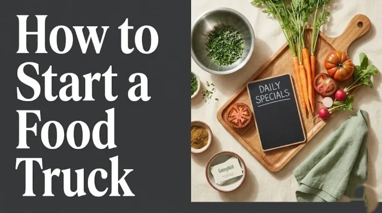 How to start a food truck guide banner with fresh ingredients and menu board flat lay food photography
