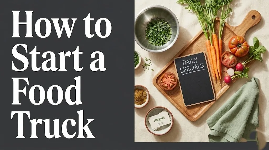 How to start a food truck guide banner with fresh ingredients and menu board flat lay food photography