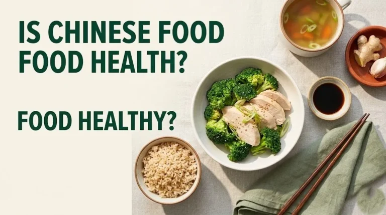 Is Chinese food healthy overhead flat-lay of steamed chicken broccoli, brown rice, and soup on cream background