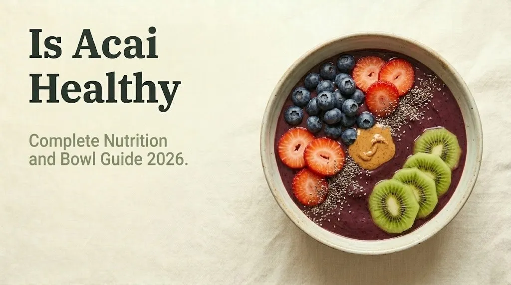 Is acai healthy guide showing purple acai bowl topped with blueberries, strawberries, chia seeds, and almond butter on cream background