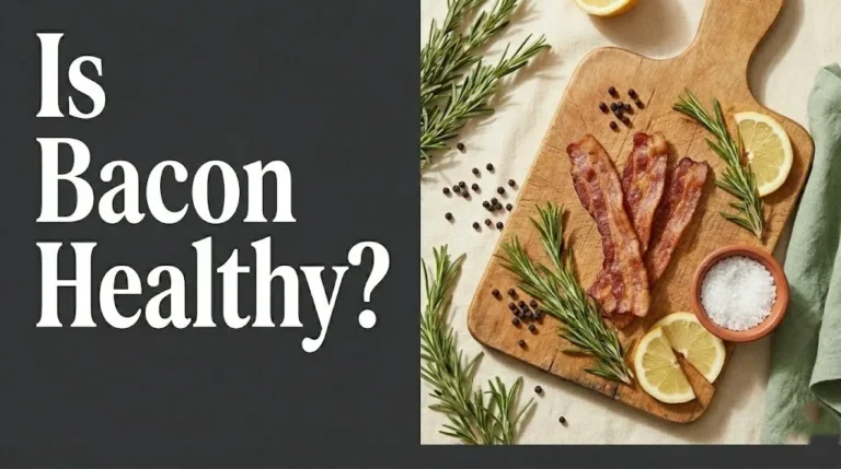 Is bacon healthy hero banner showing three golden cooked bacon strips with rosemary and lemon on wooden board flat lay