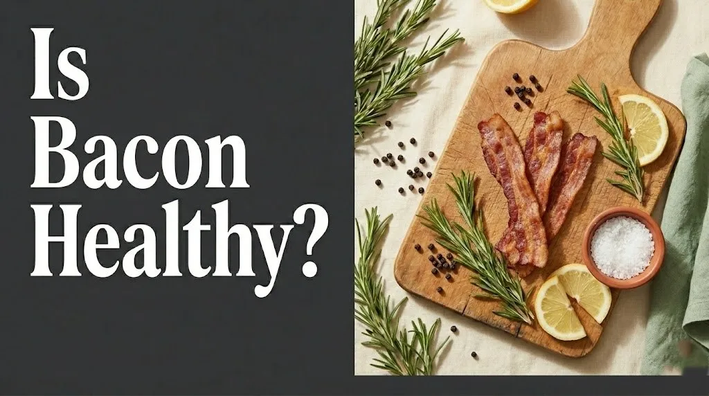 Is bacon healthy hero banner showing three golden cooked bacon strips with rosemary and lemon on wooden board flat lay