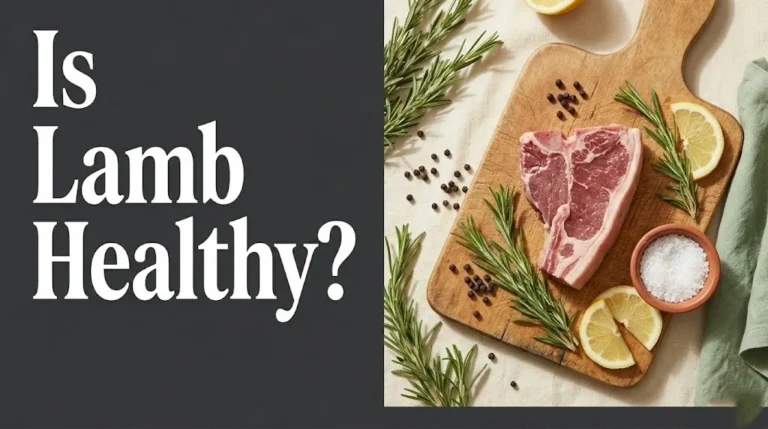 Is lamb healthy hero banner with fresh lamb loin chop, rosemary, and lemon on wooden board flat lay