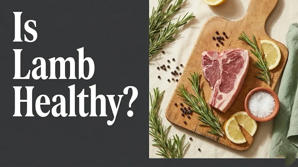 Is lamb healthy hero banner with fresh lamb loin chop, rosemary, and lemon on wooden board flat lay