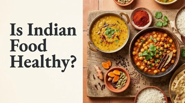 Overhead flat-lay of Indian dishes including dal and chana masala with spices, with text overlay Is Indian Food Healthy