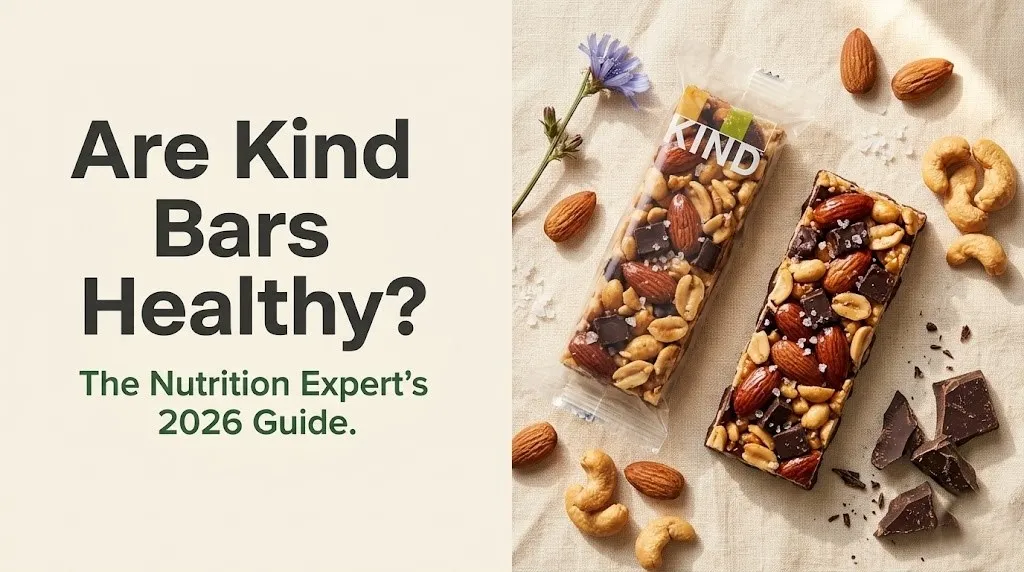 Overhead flat-lay of KIND-style nut bars broken open with almonds and dark chocolate, with text Are Kind Bars Healthy