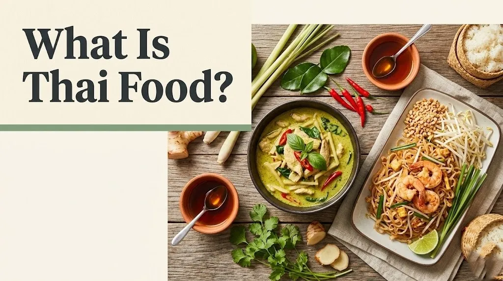 Overhead flat-lay of Thai food dishes including green curry, pad thai, and fresh herbs with text overlay reading What Is Thai Food