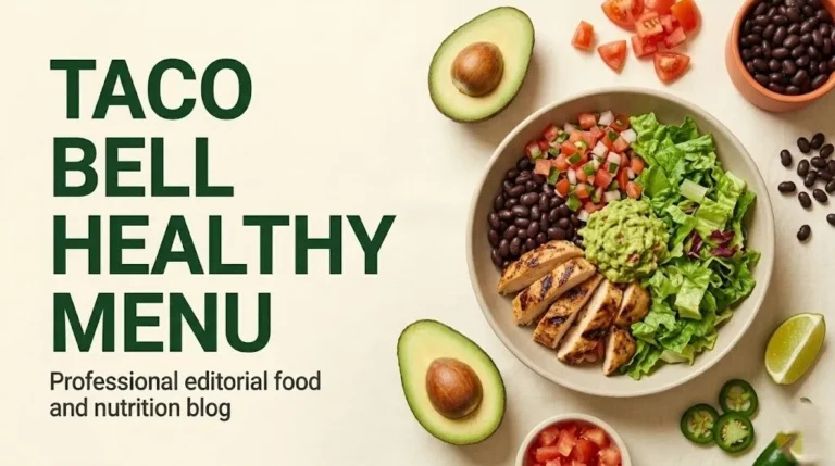 Overhead flat-lay of a healthy Taco Bell menu power bowl with grilled chicken, black beans, and guacamole, 2026 guide
