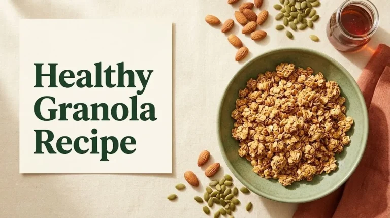 Overhead flat-lay of a healthy granola recipe in a ceramic bowl with almonds, pumpkin seeds, and maple syrup on cream linen background.