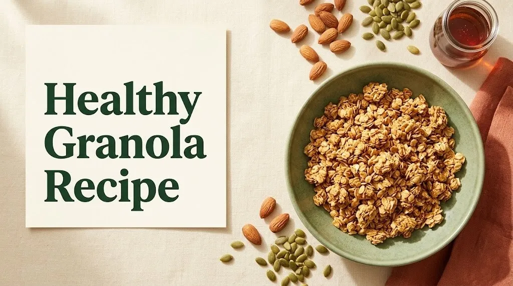 Overhead flat-lay of a healthy granola recipe in a ceramic bowl with almonds, pumpkin seeds, and maple syrup on cream linen background.