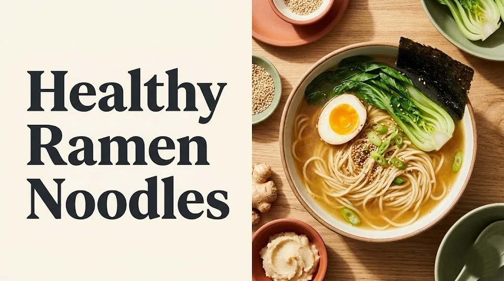 Overhead flat-lay of a healthy ramen bowl with miso broth, soft-boiled egg, and bok choy, with text Healthy Ramen Noodles