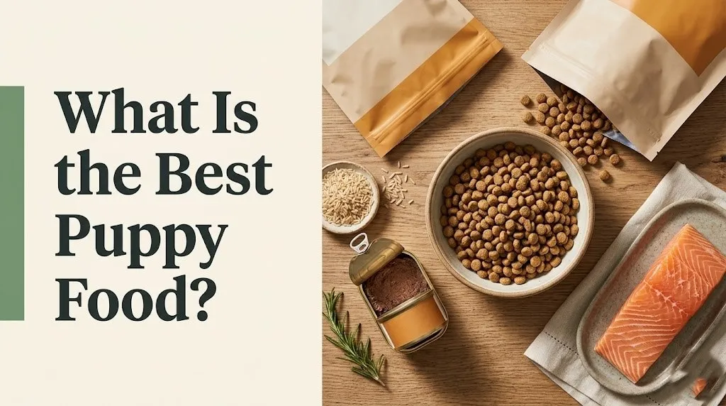 Overhead flat-lay of dry and wet puppy food with fresh ingredients and text overlay reading What Is the Best Puppy Food