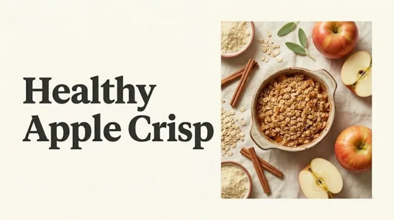 Overhead flat-lay of golden oat-topped healthy apple crisp in ceramic dish with cinnamon sticks and fresh apples.