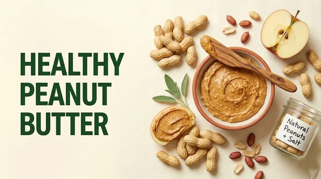 Overhead flat-lay of healthy peanut butter in a ceramic bowl with whole peanuts and apple slices on a cream surface, 2026 guide