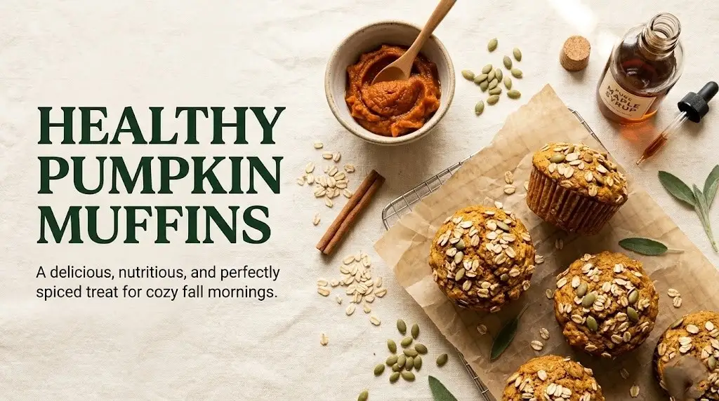 Overhead flat-lay of healthy pumpkin muffins on parchment paper with oats, maple syrup, and canned pumpkin puree