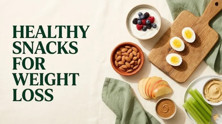 Overhead flat-lay of healthy snacks for weight loss including Greek yogurt, almonds, apple, eggs, and hummus on a cream background.