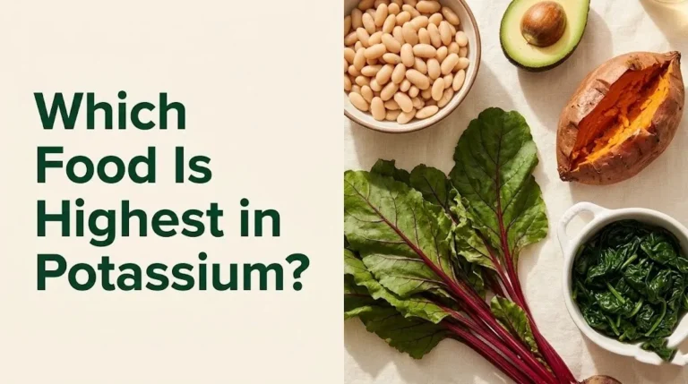 Overhead flat-lay of high-potassium foods including white beans, avocado, sweet potato, and beet greens showing which food is highest in potassium