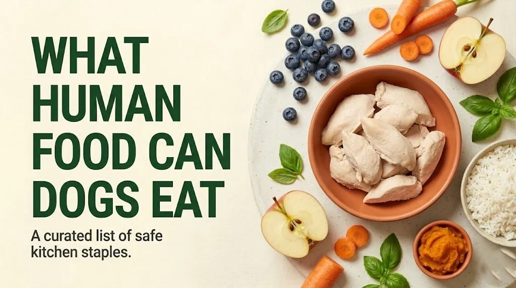 Overhead flat-lay of safe human foods dogs can eat including chicken, blueberries, carrots, and plain rice on a cream surface