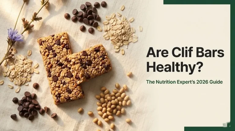 Overhead flat-lay of two Clif Bars with oats and dark chocolate chips, headline text asking are clif bars healthy.
