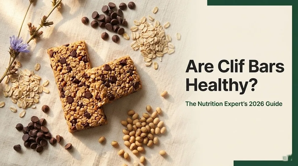 Overhead flat-lay of two Clif Bars with oats and dark chocolate chips, headline text asking are clif bars healthy.