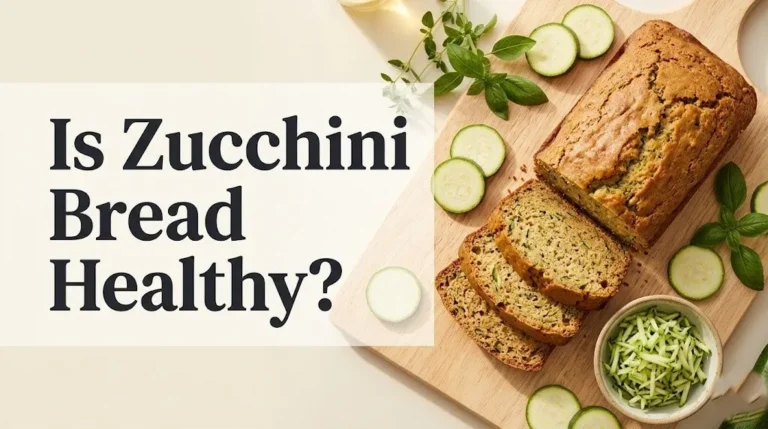 Sliced golden zucchini bread loaf on a wooden board with fresh zucchini beside the headline Is Zucchini Bread Healthy